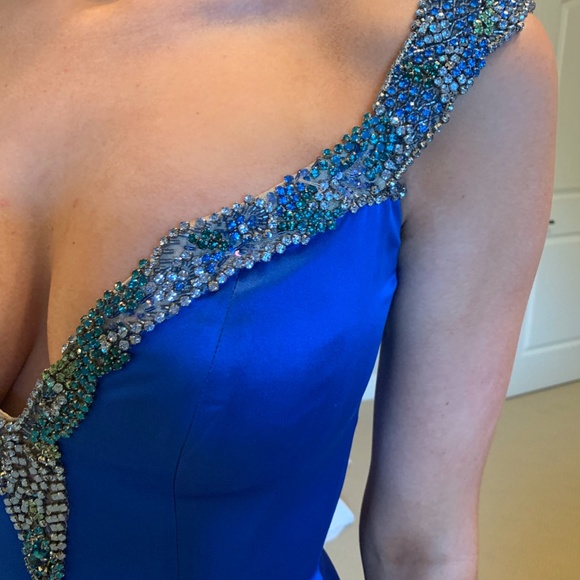 Sherri Hill Couture Satin Pageant Original One of a Kind Blue Dress With Train - Picture 3 of 6